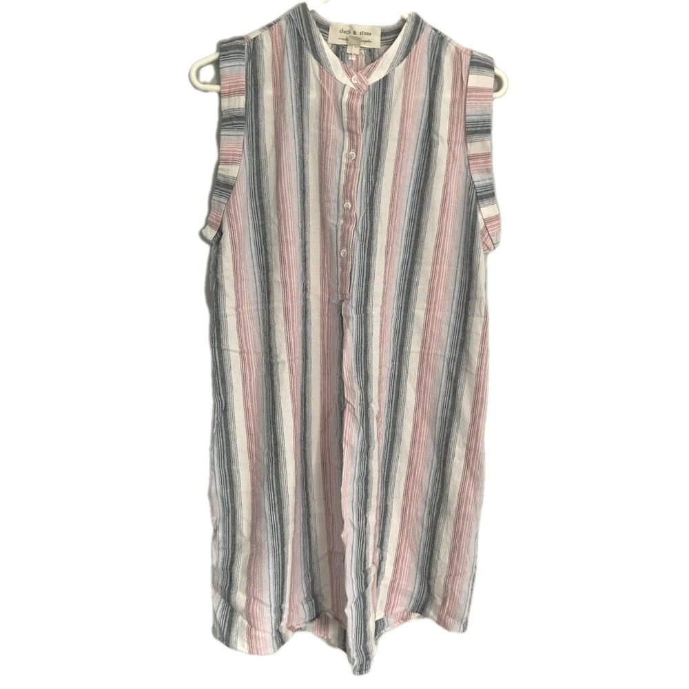 Cloth & Stone Shirt Dress Womens M Pink Blue Stripe Sleeveless Tunic Linen Blend